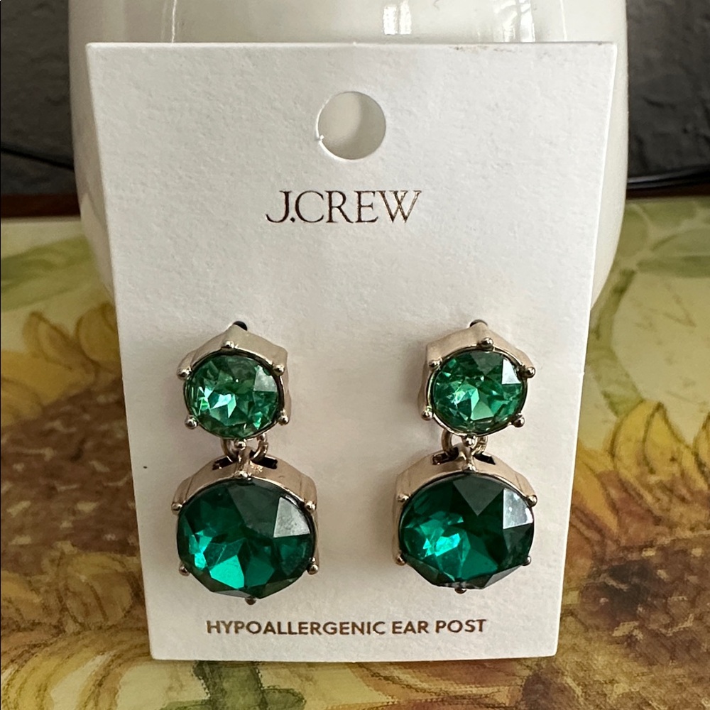 J. Crew Factory Emerald Green Double-Stud Crystal Earrings